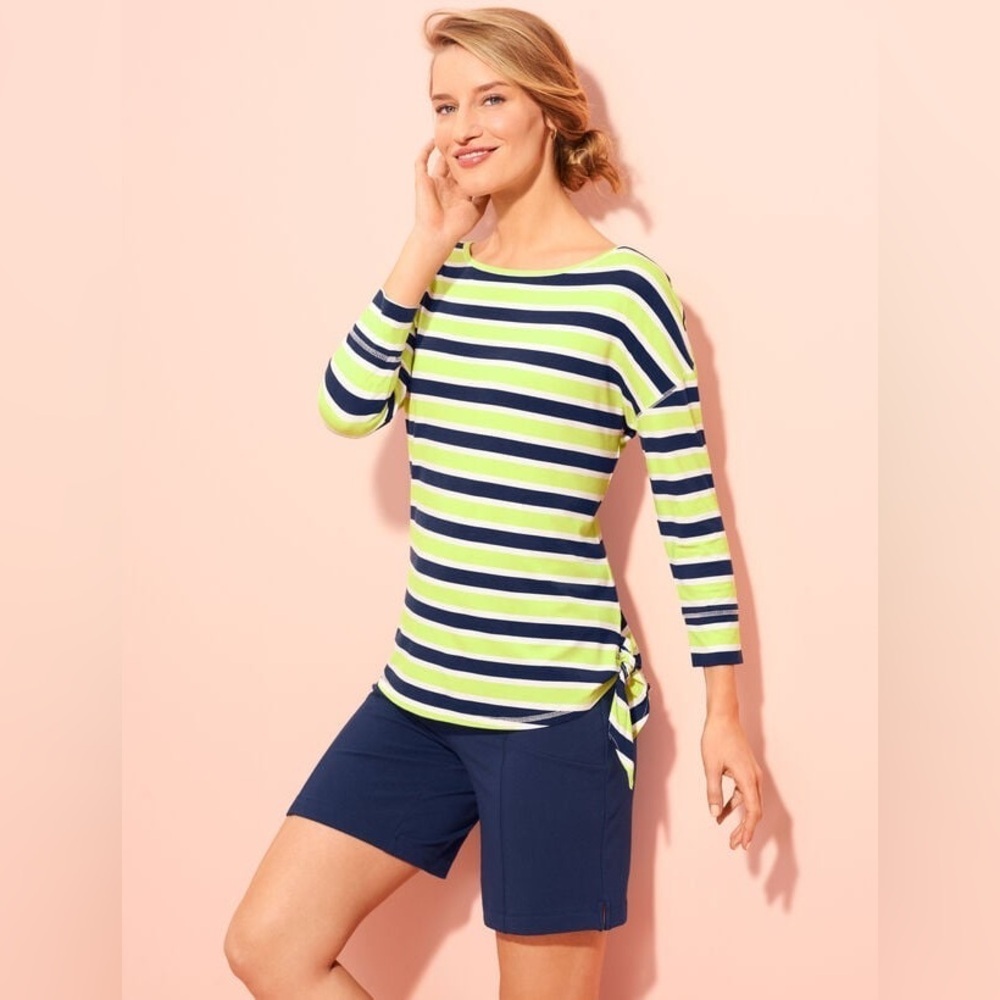 T by Talbots UPF 50+ ZINGY STRIPE black & green JERSEY side tie TOP, P = XS.
